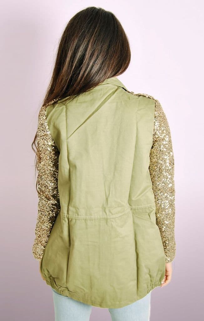 khaki green jacket with gold sequin sleeves
